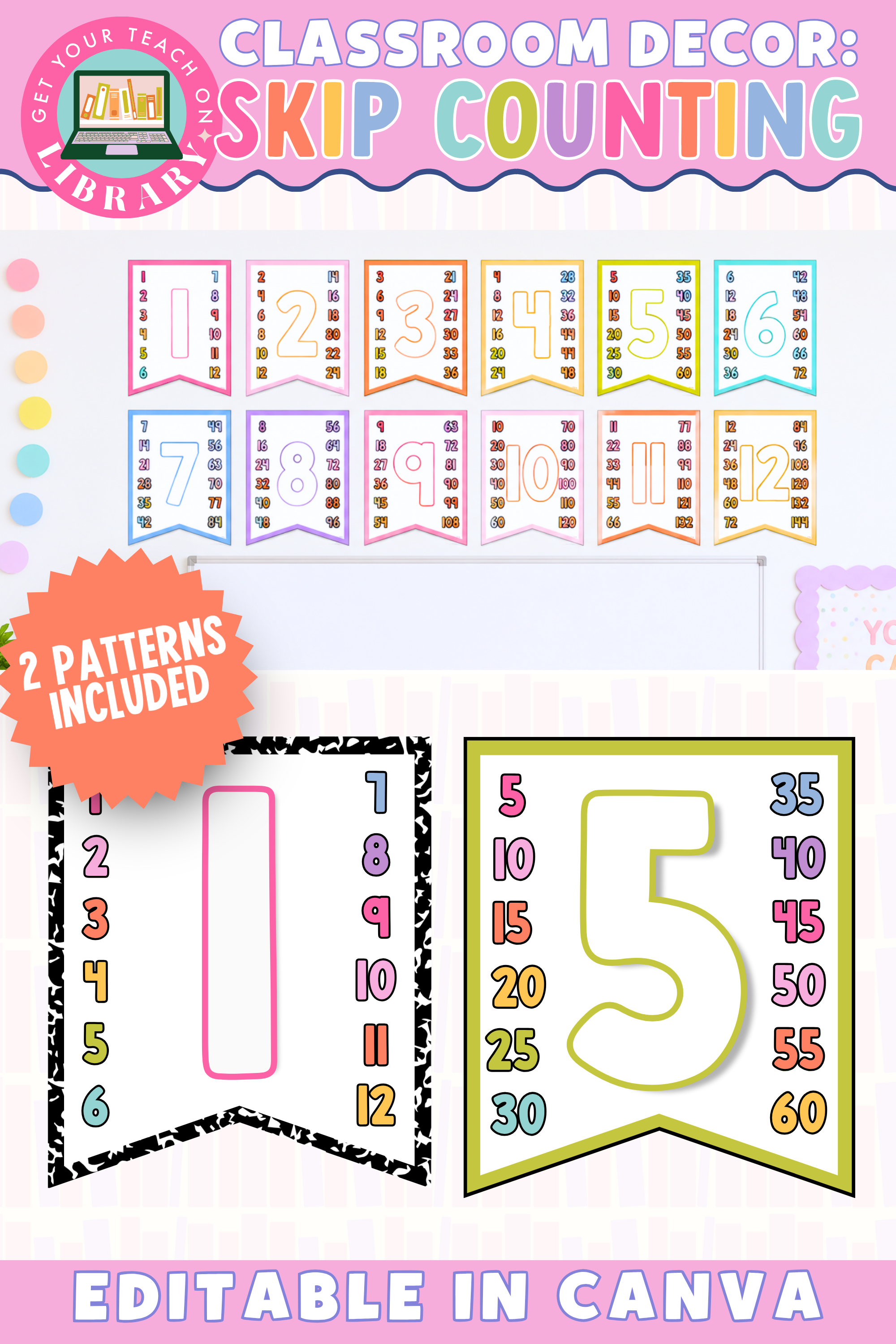 GYTO Classroom Decor: Skip Counting Pennants | Classroom Posters | Bright Classroom Decor