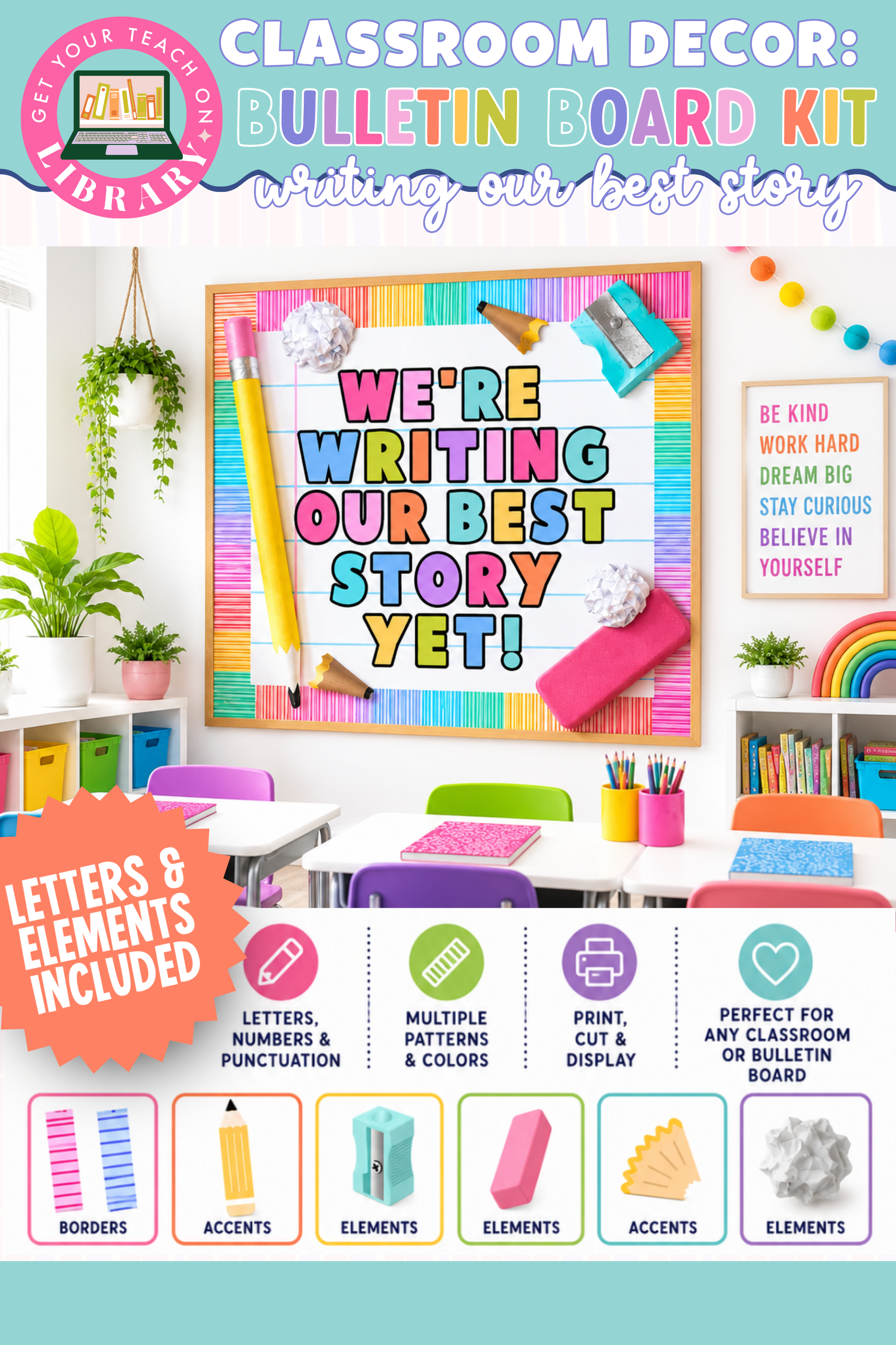 GYTO Classroom Decor: Bulletin Board Kit | We're Writing Our Best Story Yet! | Bright Classroom Decor