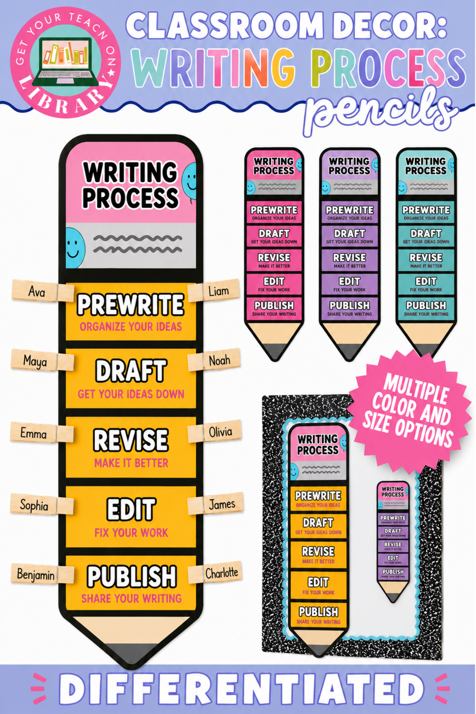 GYTO Classroom Decor: Writing Process Pencils | Visual Writing Tracker | Bright Classroom Decor