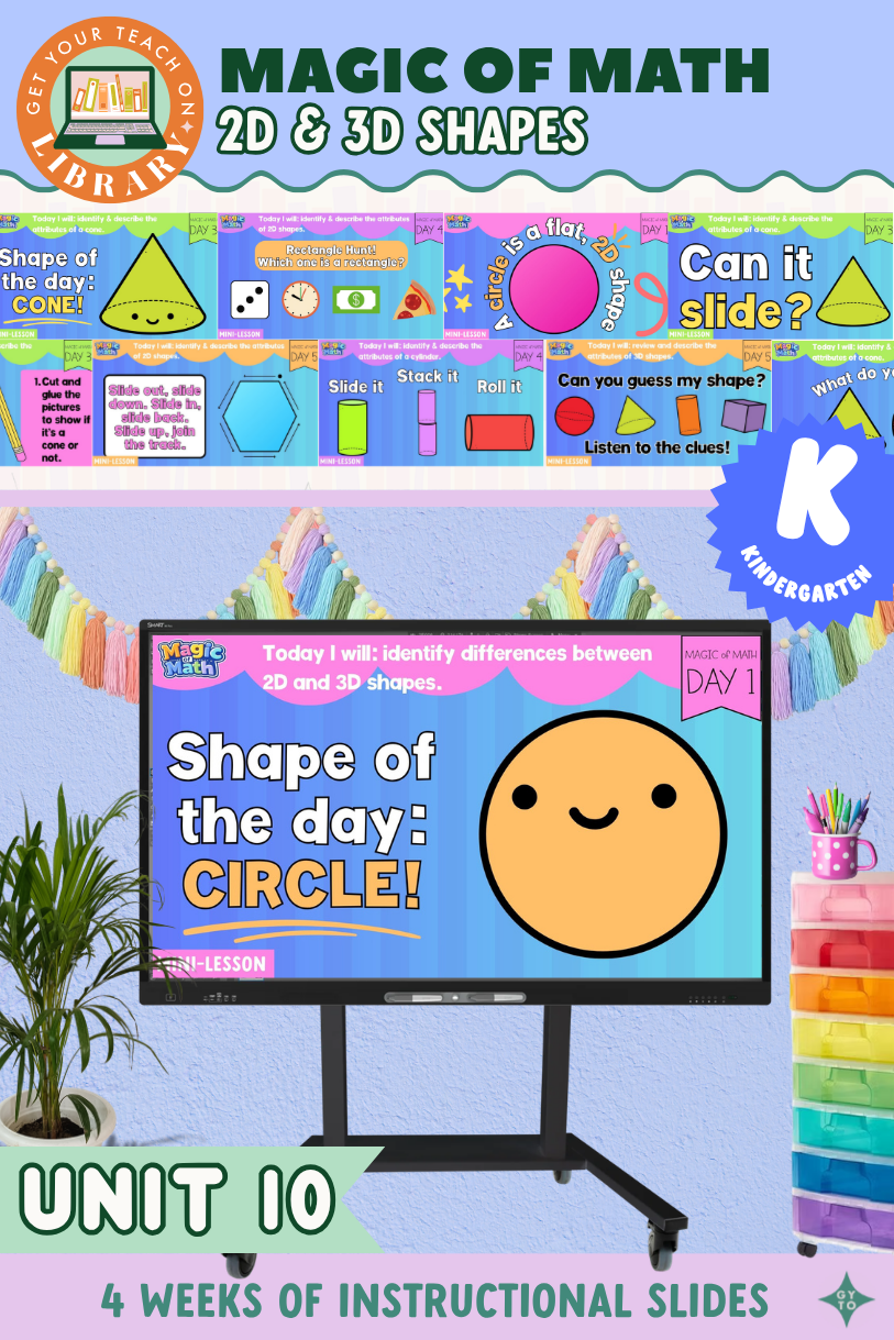 Kindergarten Magic of Math Unit 10 Instructional Slides: 2D Shapes, 3D Shapes, Position Words, Composing Shapes
