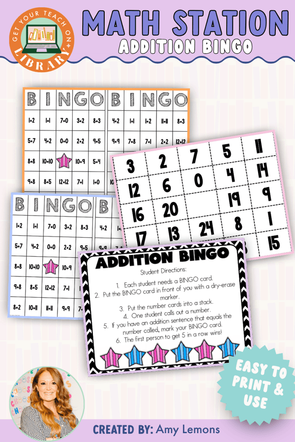 Addition Math Station: Addition Bingo – printable math classroom resource for grades 2–3 by Amy Lemons and Get Your Teach On