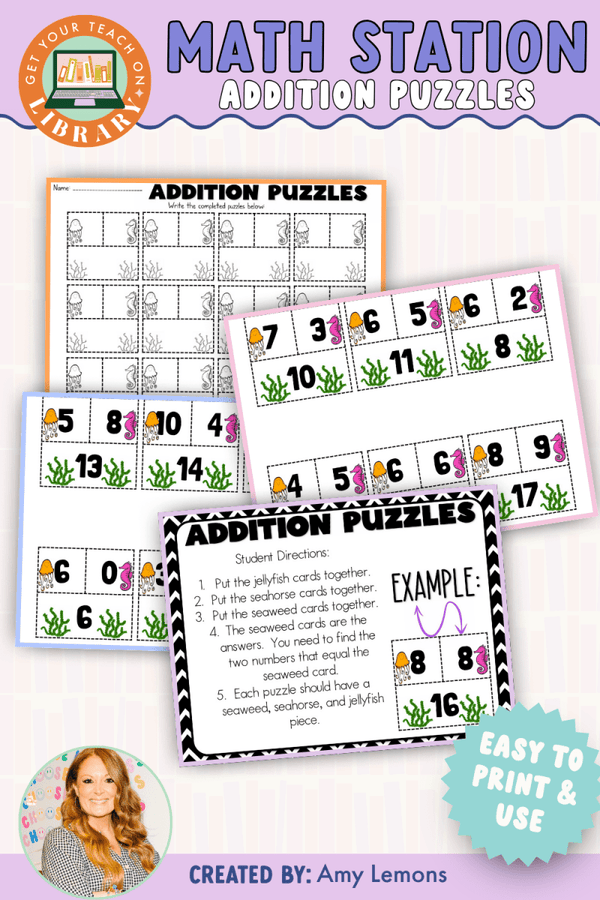 Addition Math Station: Addition Puzzles – printable math resource for grades 2–3 by Amy Lemons and Get Your Teach On