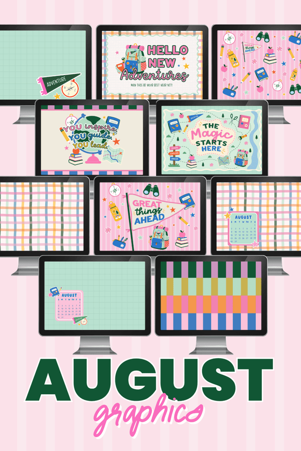 August Classroom Graphics Collection (2026) – digital classroom backgrounds and decor by Get Your Teach On