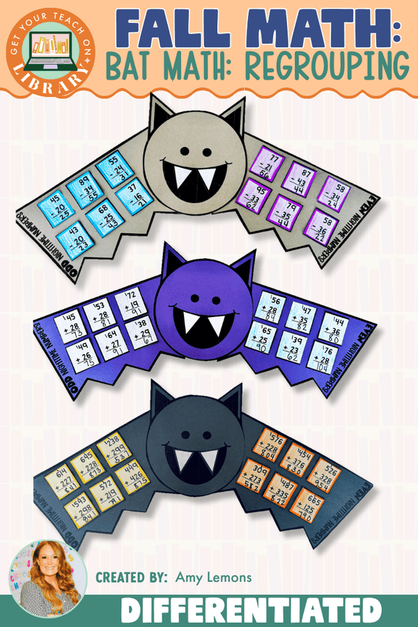 Bat Math Craft: Add & Subtract with Regrouping – printable math resource for grades 1–3 by Amy Lemons and Get Your Teach On