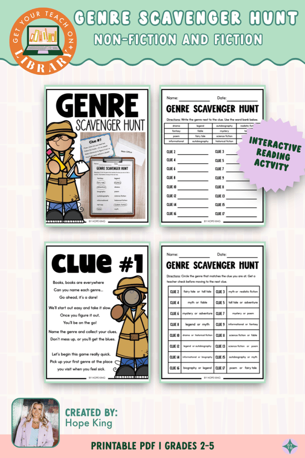 Genre Scavenger Hunt – printable reading classroom resource for grades 2–5 by Hope King and Get Your Teach On