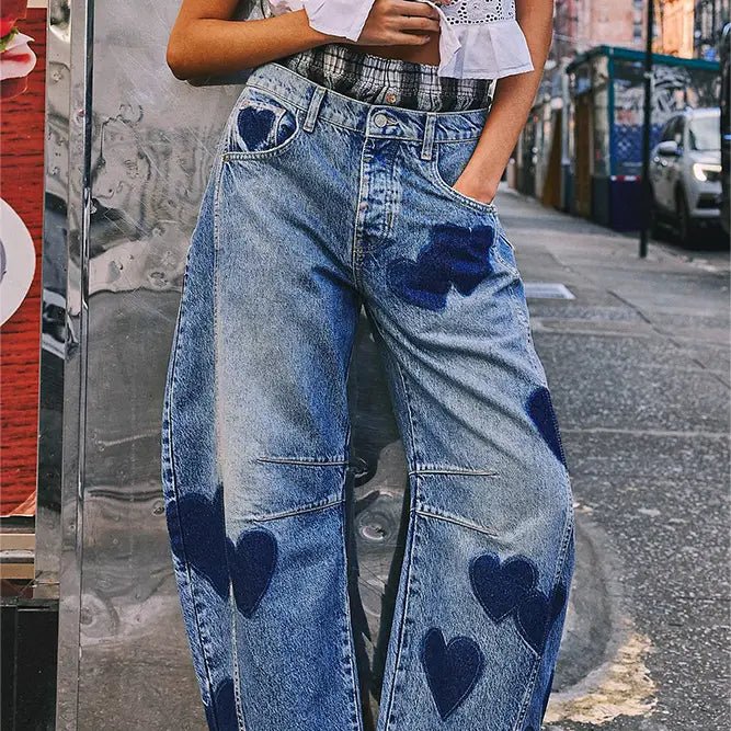 Heart Pattern Straight Jeans - GYTO Collective - Get Your Teach On