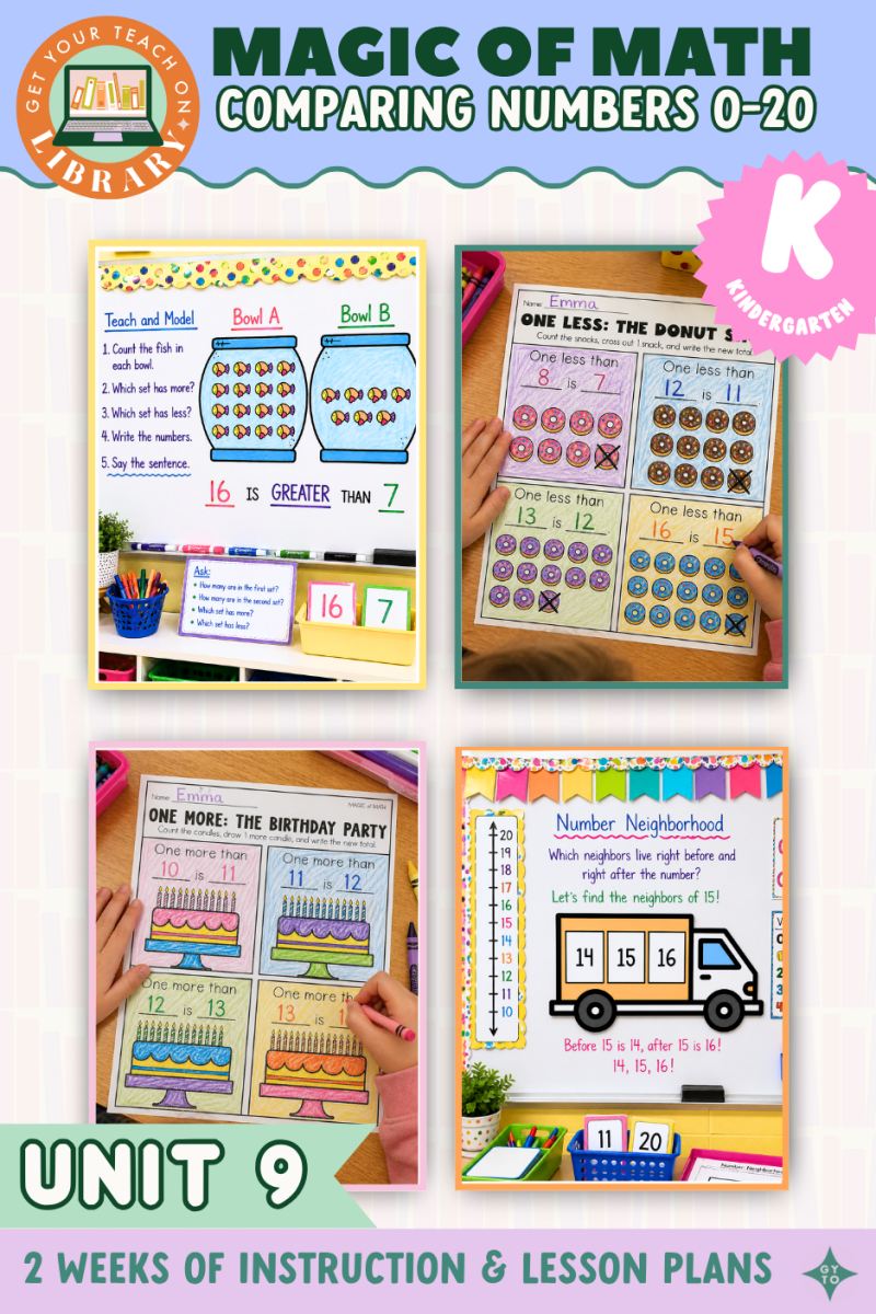 Kindergarten Magic of Math Unit 9: Comparing Numbers to 20, Number Order, 1 More & 1 Less - Shop GYTO - Get Your Teach On