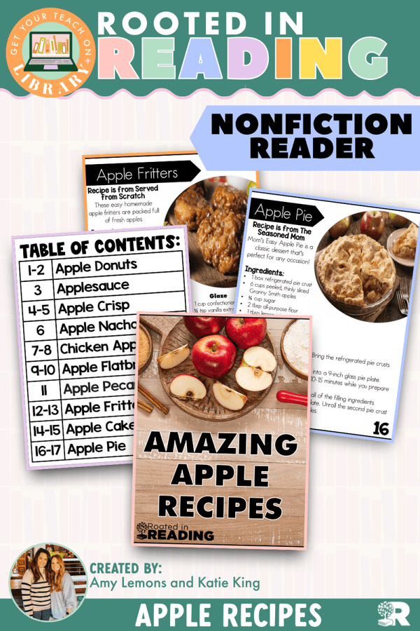 Rooted in Reading Nonfiction Reader: Amazing Apple Recipes – printable reading classroom resource by Get Your Teach On