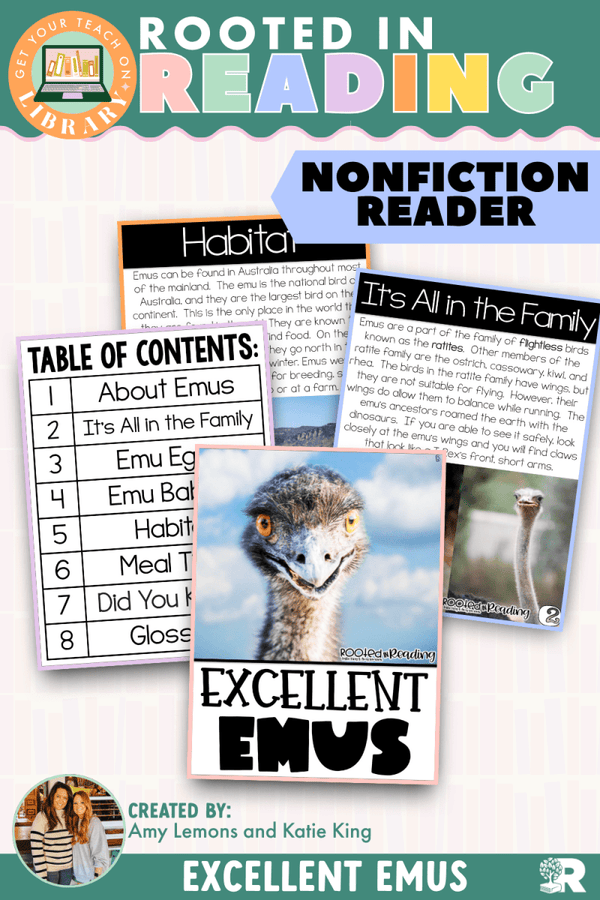 Rooted in Reading Nonfiction Reader: Excellent Emus – printable reading classroom resource by Get Your Teach On