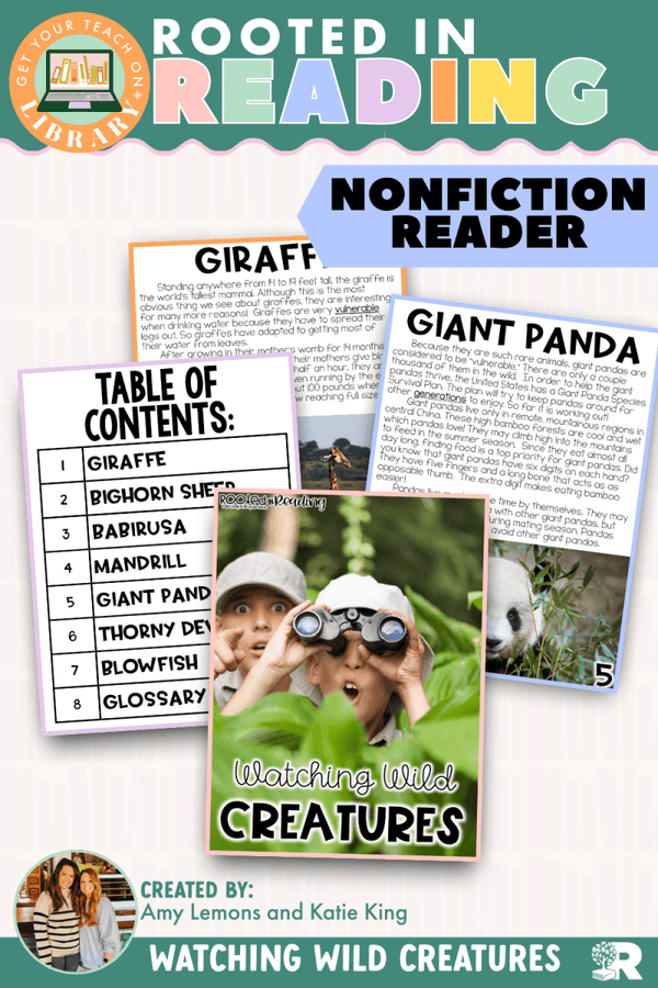 Rooted in Reading Nonfiction Reader: Watching Wild Creatures – printable reading classroom resource by Get Your Teach On