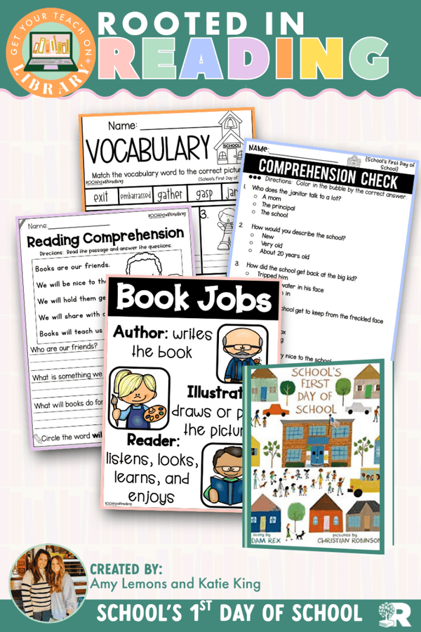 Rooted in Reading: School's First Day of School read aloud activities for parts of a book by Get Your Teach On