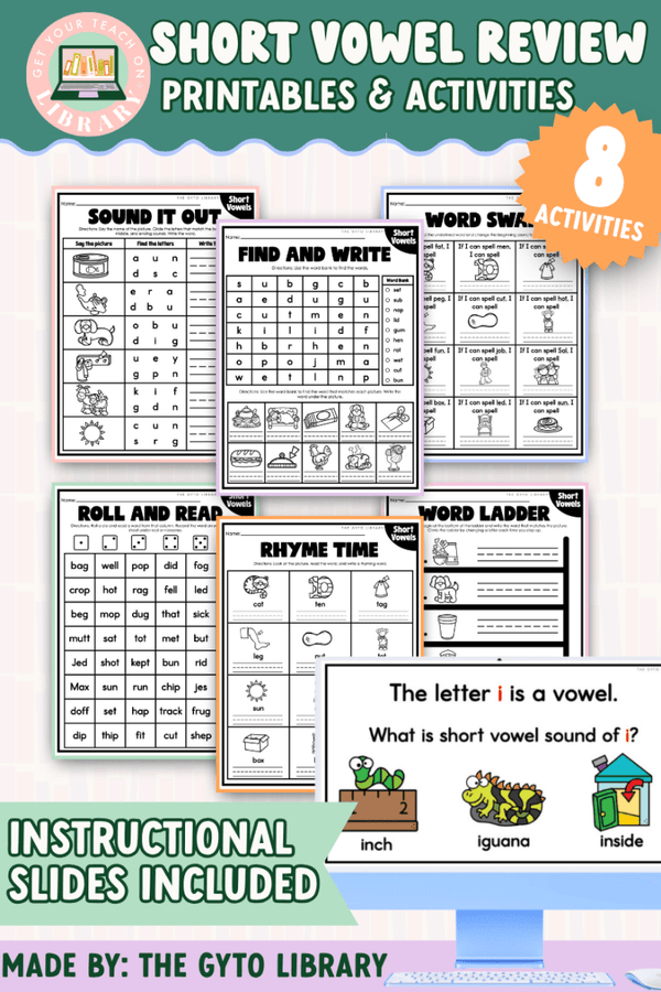 Short Vowel CVC Word Practice Bundle (A, E, I, O, U) – printable phonics resource for grades K–2 by Get Your Teach On
