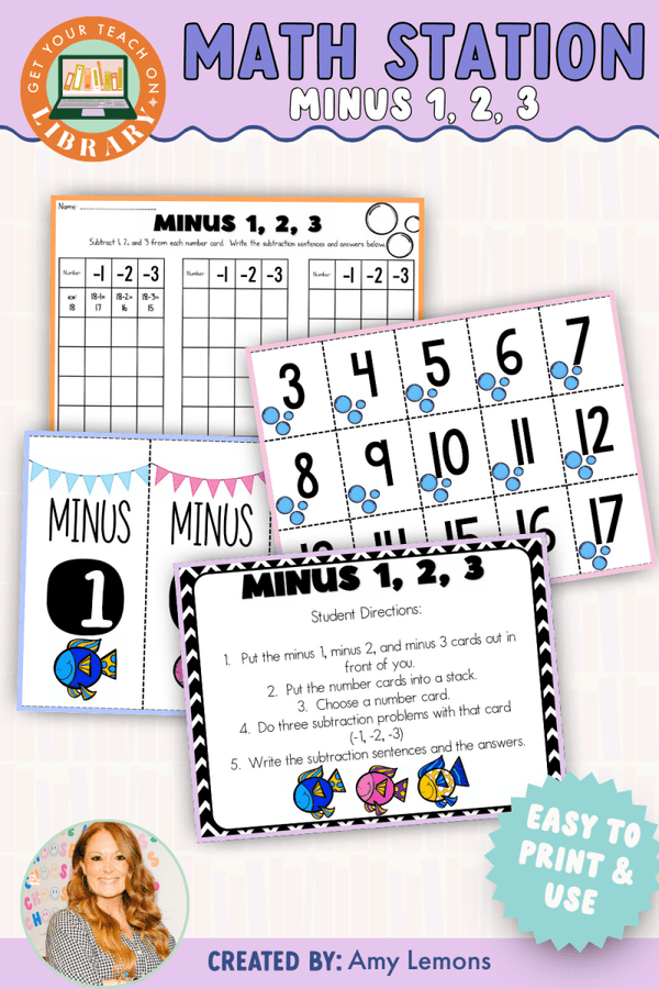 Subtraction Math Station: Minus 1, Minus 2, Minus 3 – math resource by Amy Lemons and Get Your Teach On