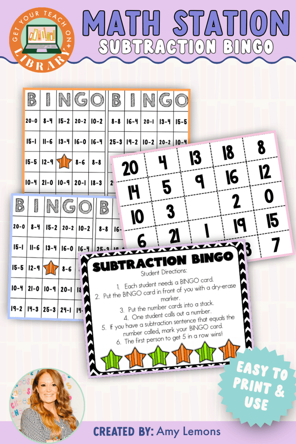 Subtraction Math Station: Subtraction Bingo – printable math resource for grades 2–3 by Amy Lemons and Get Your Teach On