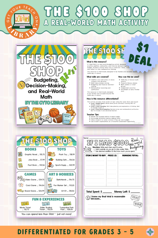 The $100 Shop – printable math classroom resource for grades 3–5 by Get Your Teach On