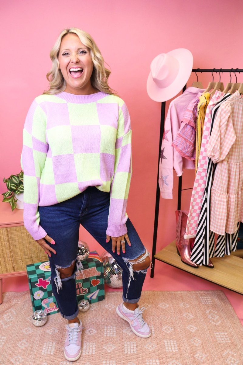 Lilac and Green Checkered Sweater - GYTO Collective - Get Your Teach On