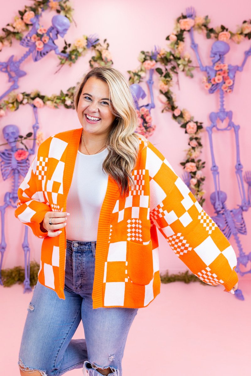Orange and White Block Knit Cardigan - GYTO Collective - Get Your Teach On