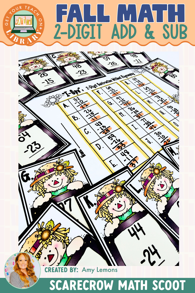 Fall Math: Scarecrow 2-Digit Addition & Subtraction Math Scoot