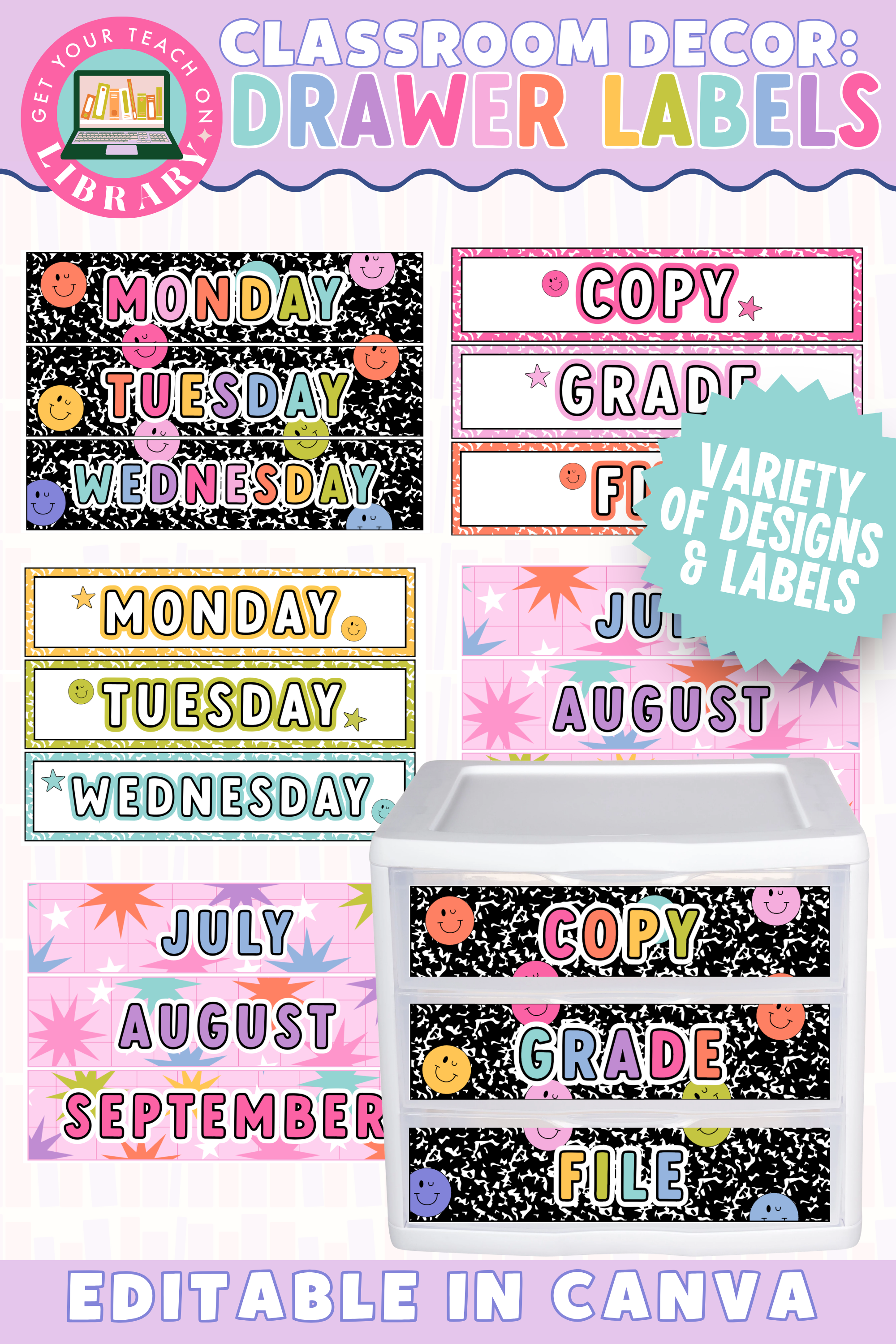 GYTO Classroom Decor: 3-Drawer Labels | Bright Classroom Decor