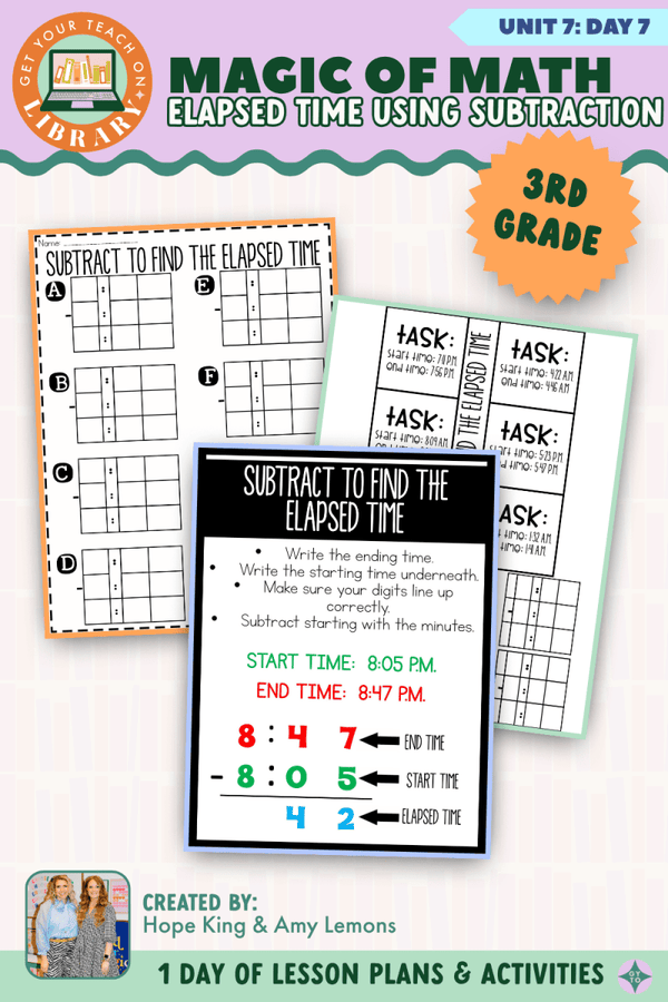 3rd Grade Magic of Math Unit 7 Day 7: Elapsed Time Using Subtraction by Hope King, Amy Lemons and Get Your Teach On