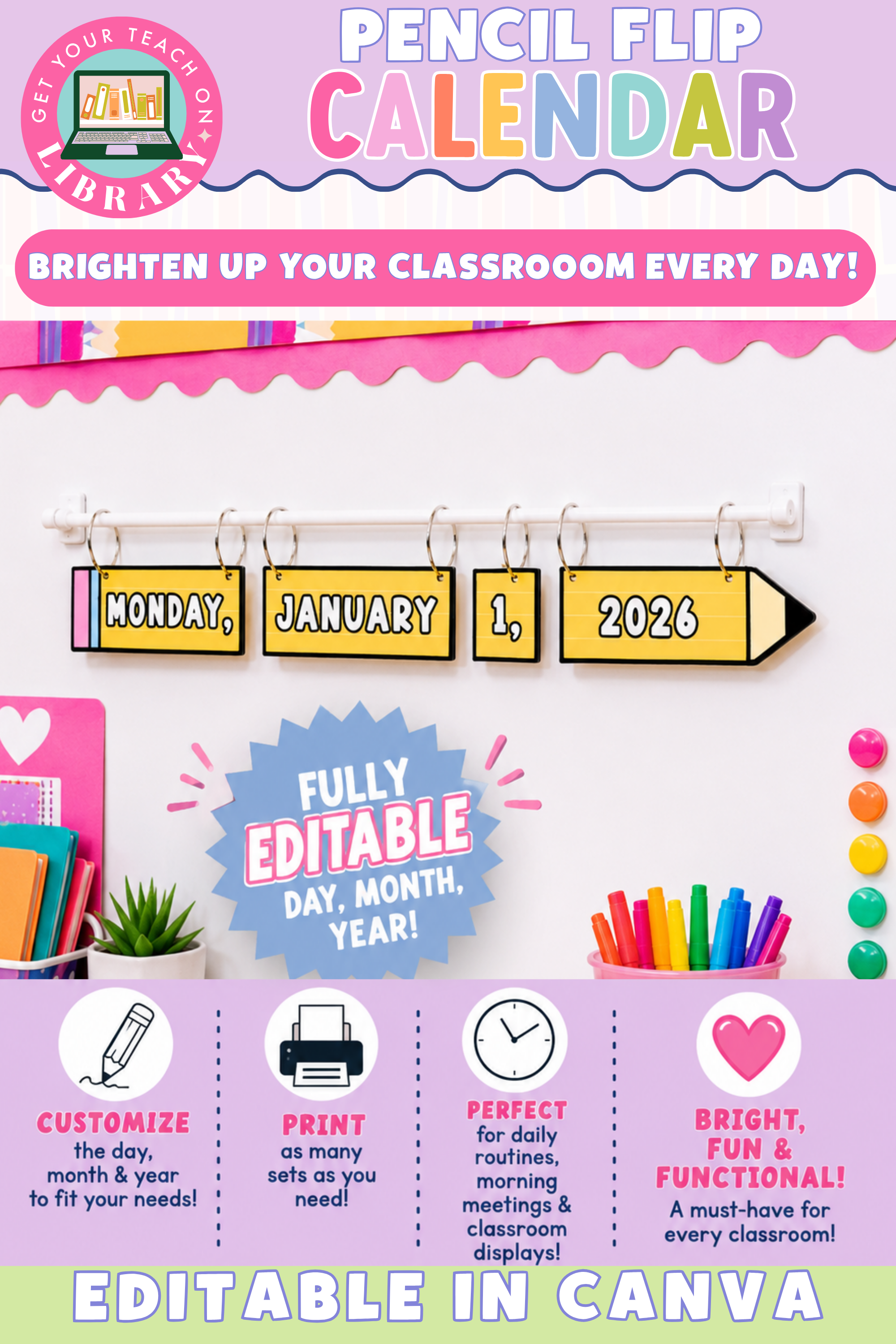GYTO Classroom Decor: Pencil Flip Calendar | Bright Classroom Decor