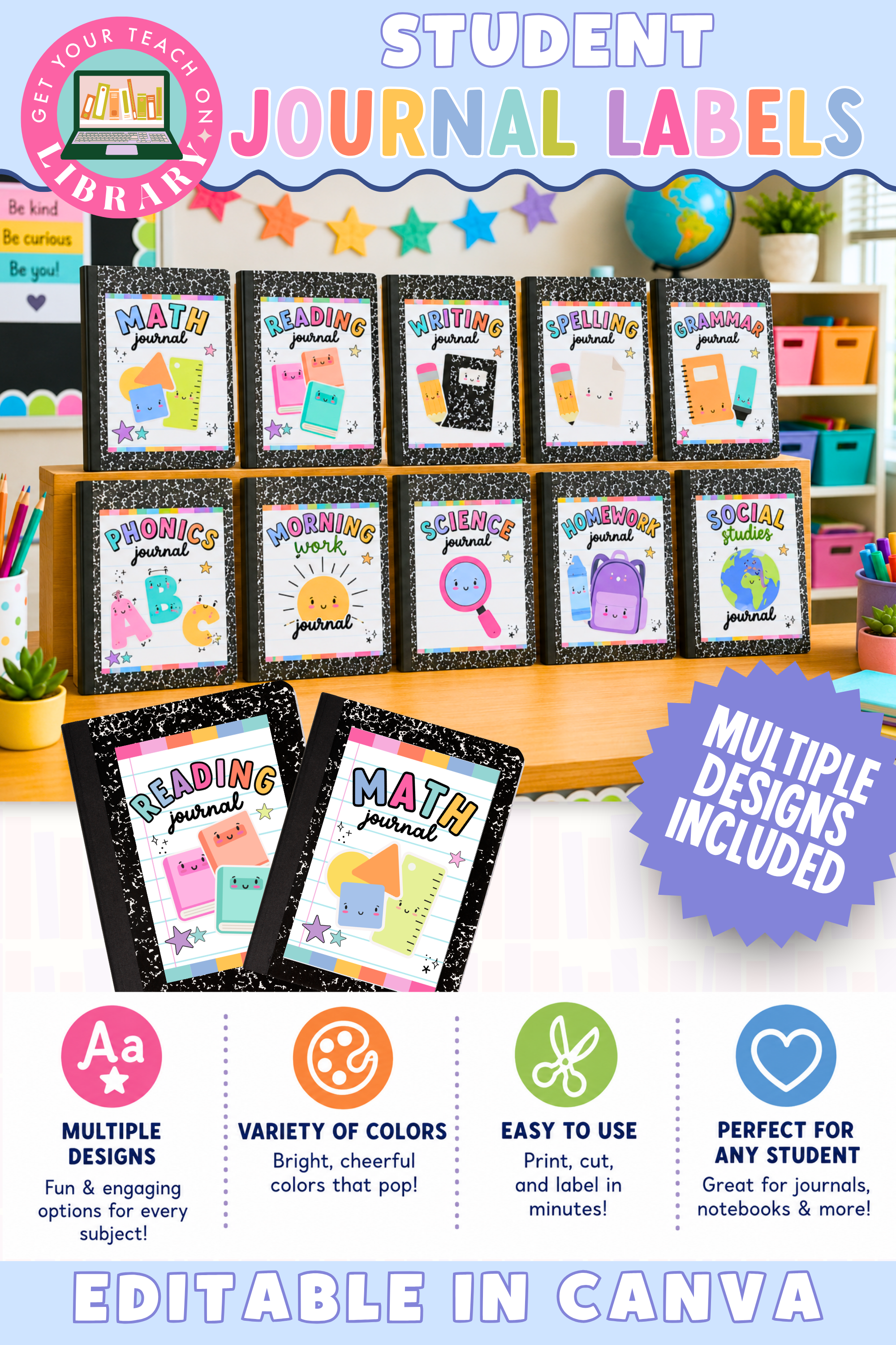 GYTO Classroom Decor: Student Journal Labels | Bright Classroom Decor