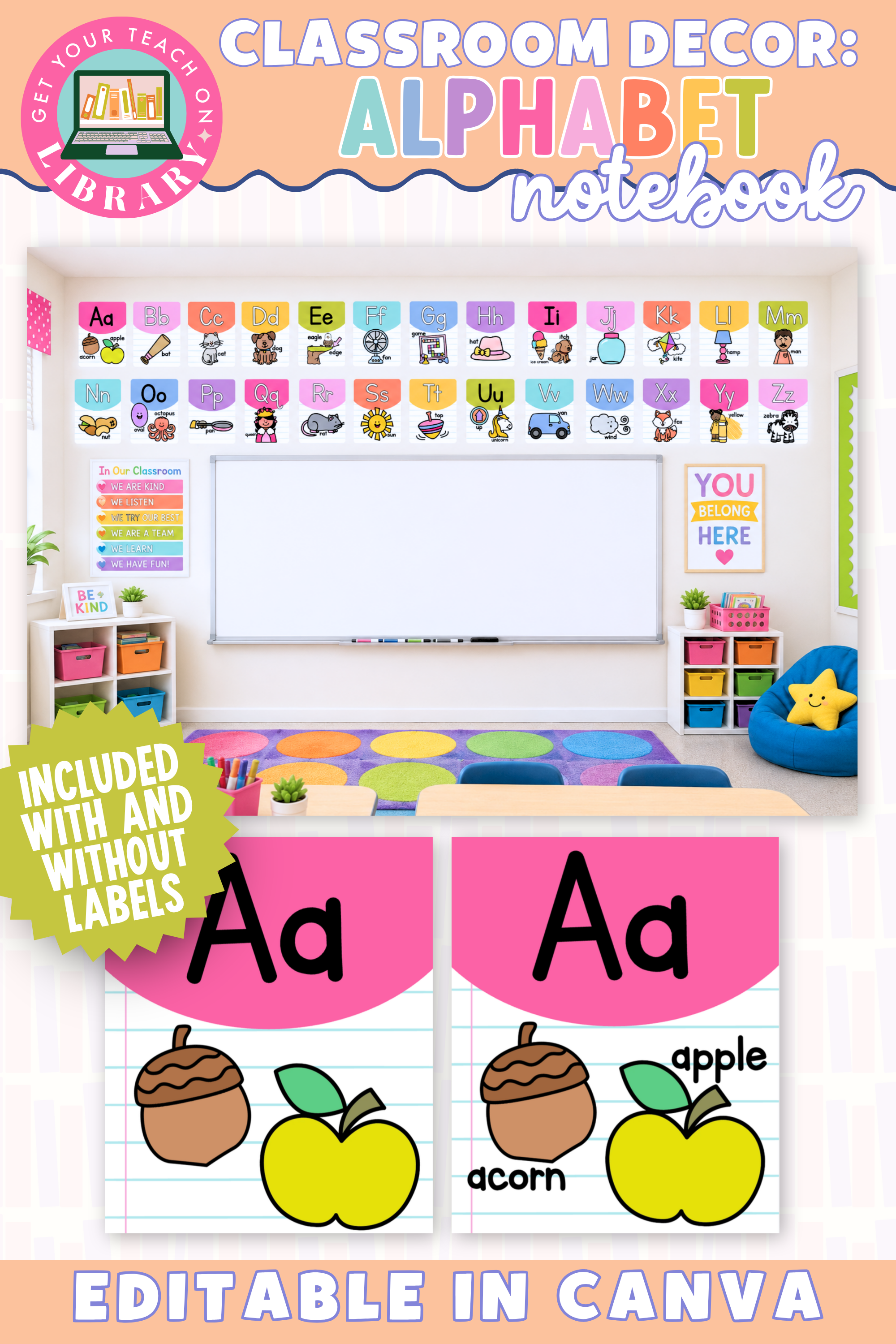 GYTO Classroom Decor: Alphabet Notebook Paper Theme | Bright Classroom Decor