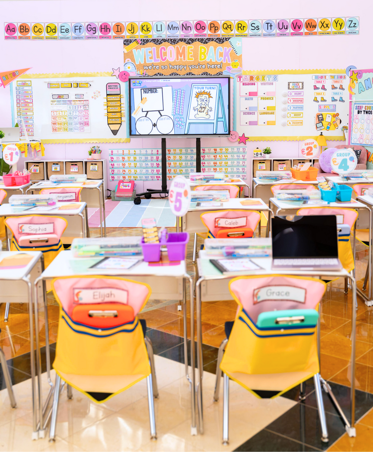 Elementary classroom decorated with GYTO Library classroom decor, labels, and bulletin boards