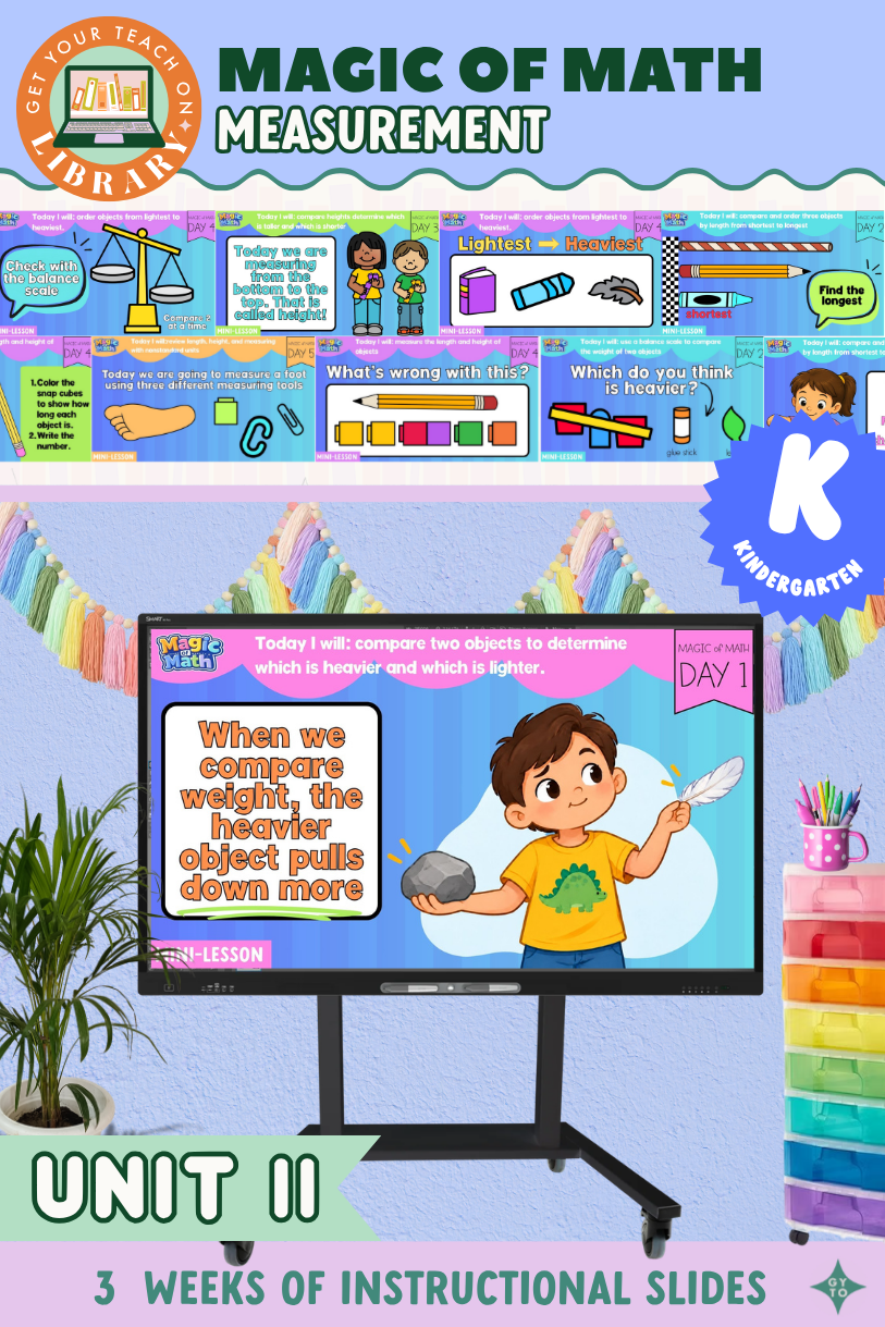 Kindergarten Magic of Math Unit 11 Instructional Slides: Measuring Length and Height, Measuring Weight, and Capacity