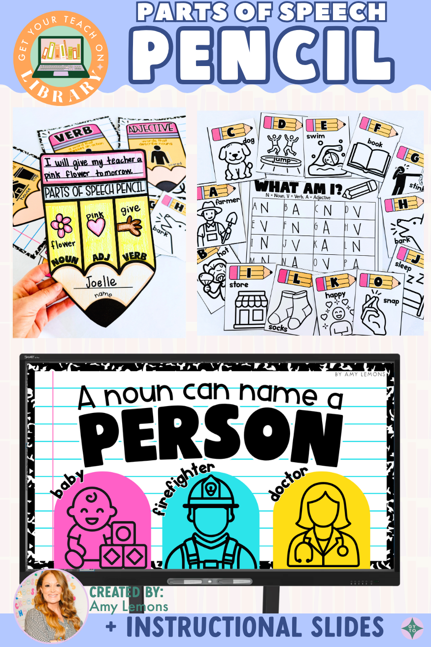 Parts of Speech Pencil + Instructional Slides for Nouns, Verbs, and Adjectives