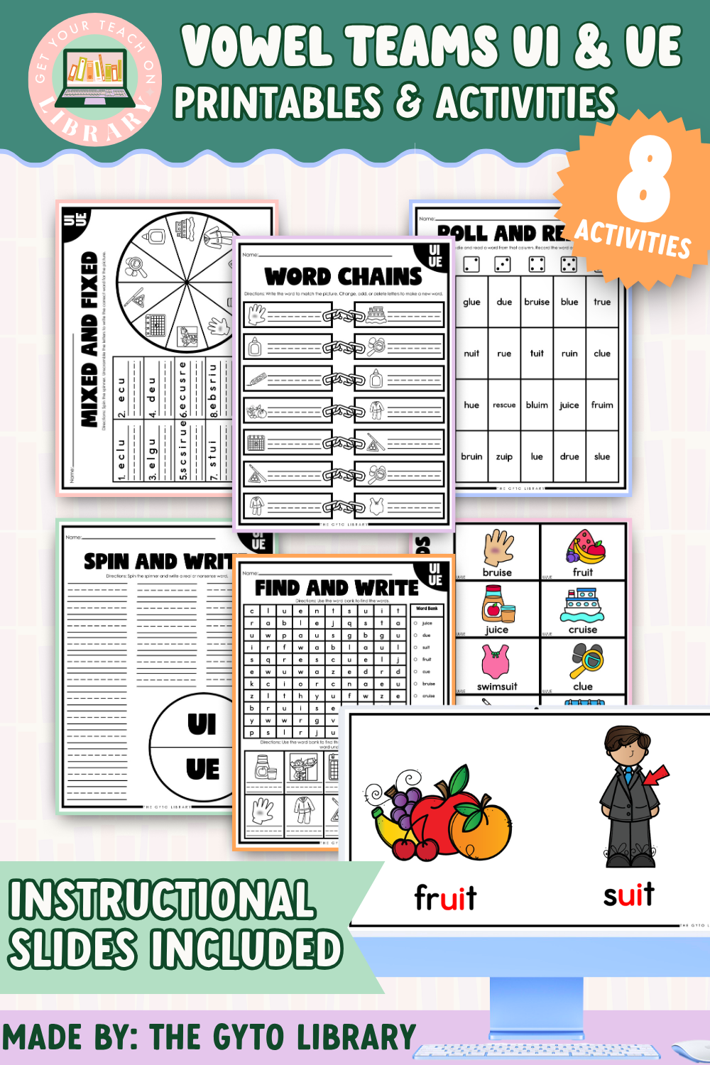 Vowel Team UI & UE Word Practice | Supplemental Phonics Activities for Decoding & Word Work