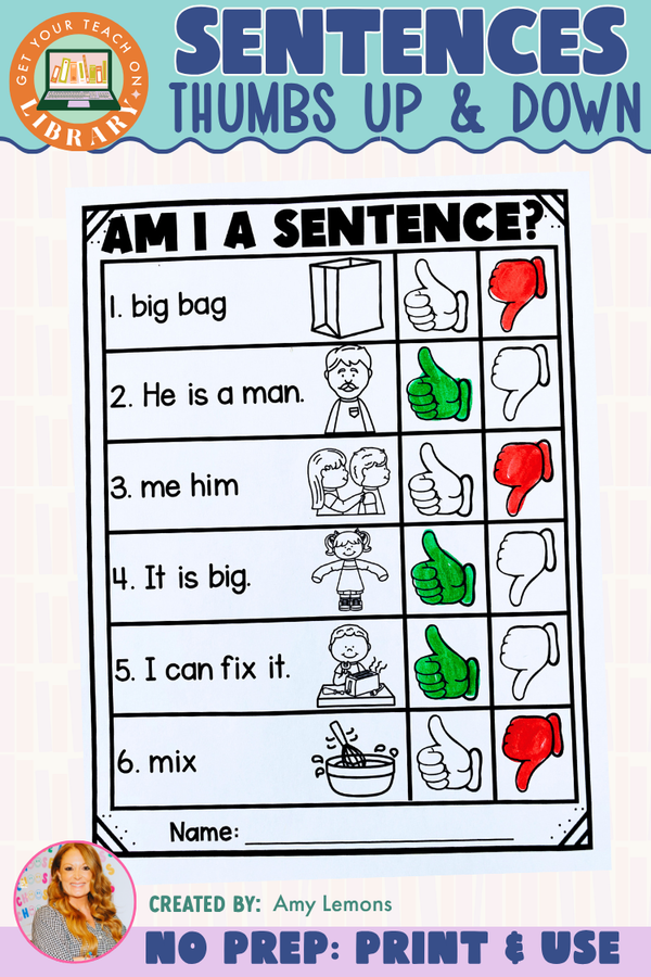 Am I a Sentence? Thumbs Up and Down Activity | Complete Sentence Practice