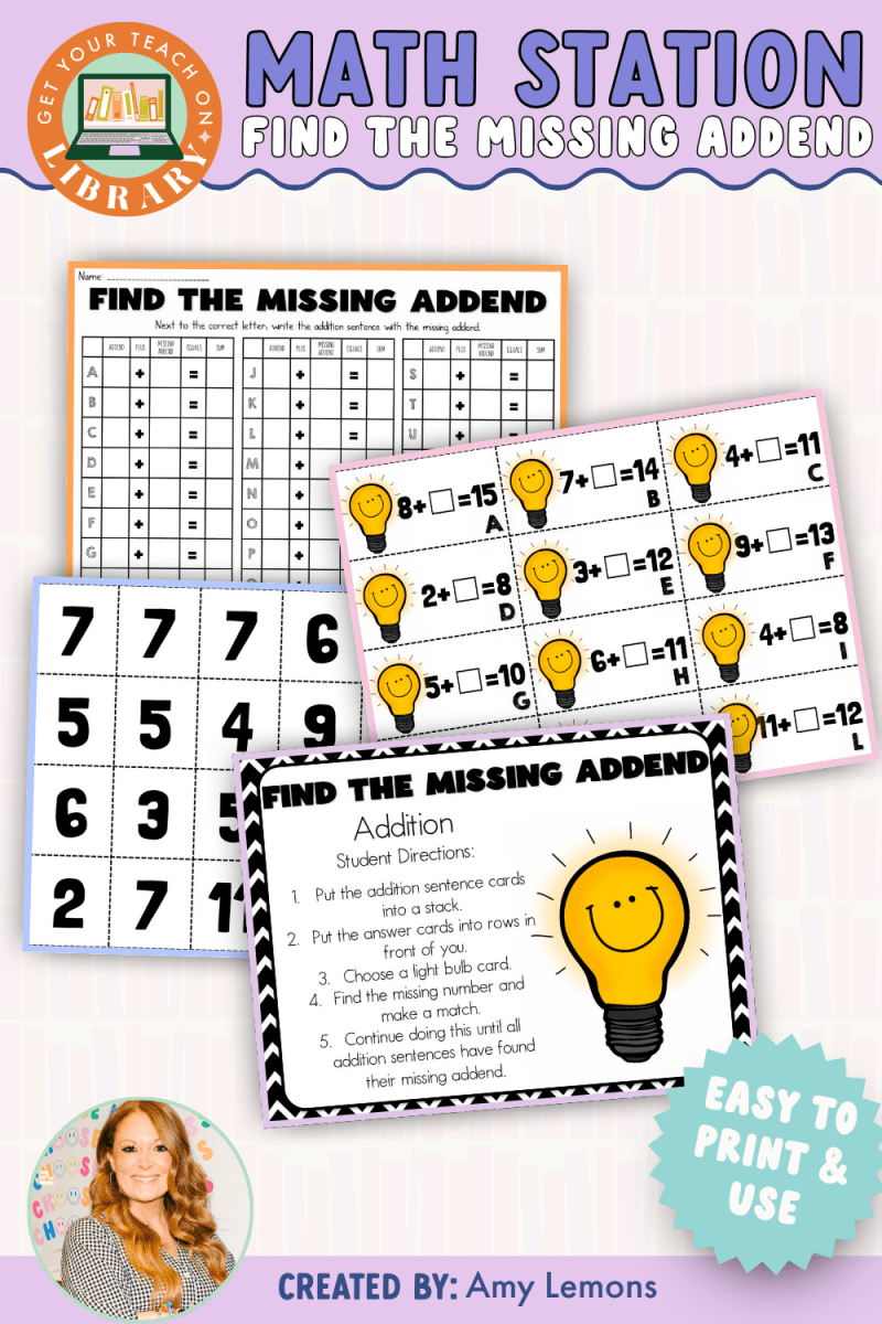 Addition Math Station: Find the Missing Addend - Shop GYTO - Get Your Teach On
