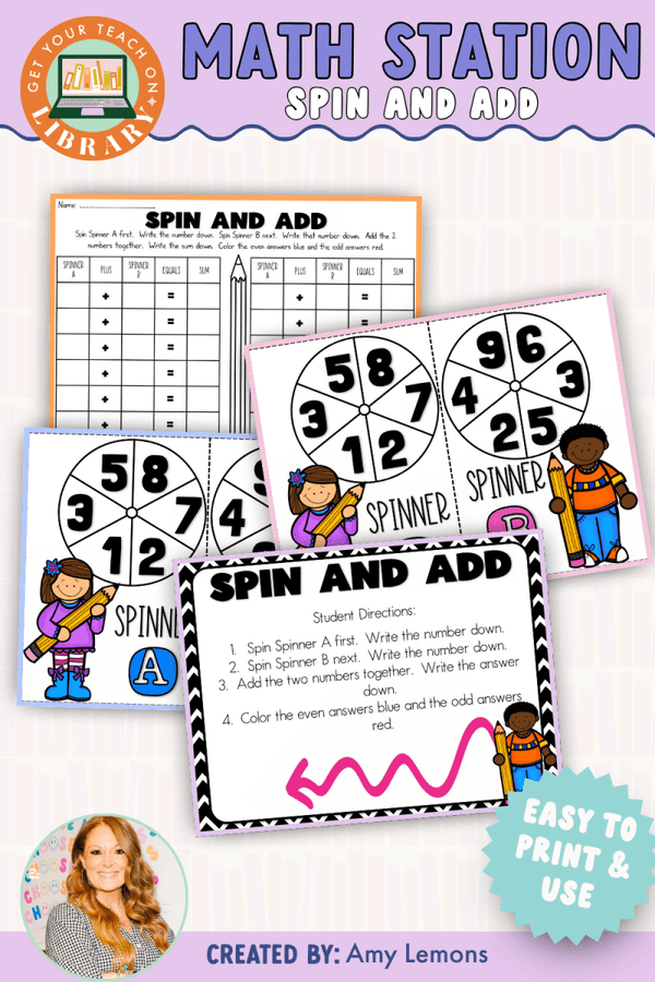 Addition Math Station: Spin and Add to Find the Answer – math resource by Amy Lemons and Get Your Teach On