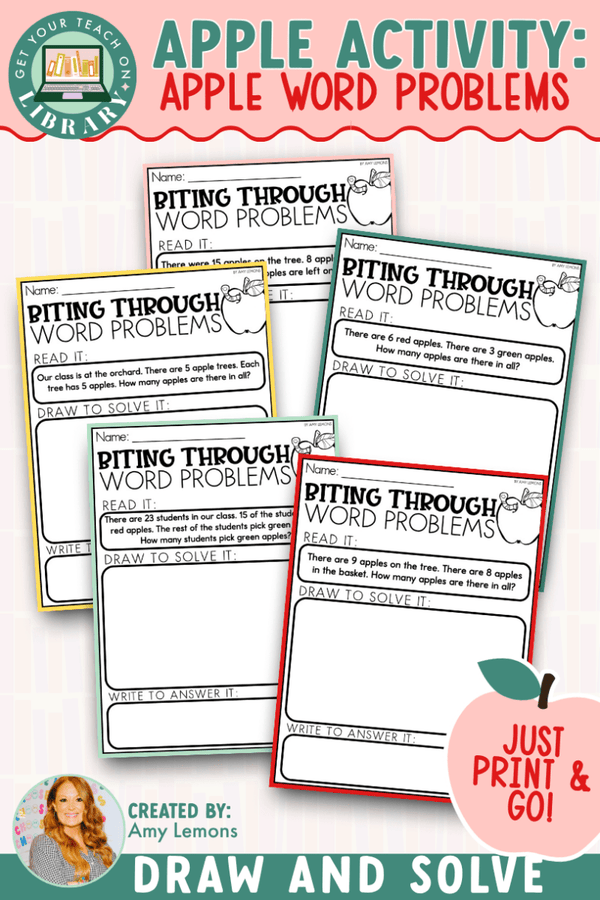 Apple Math Activity: Apple Word Problems – printable math resource for grades 1–3 by Amy Lemons and Get Your Teach On