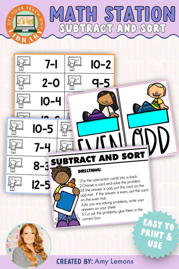 Back to School Math Station: Subtract and Sort – printable math resource for grades 2–3 by Amy Lemons and Get Your Teach On