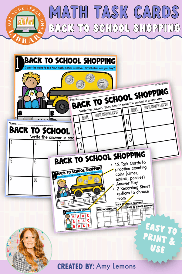 Back to School Counting Coins Task Cards: Shopping – printable math resource by Amy Lemons and Get Your Teach On