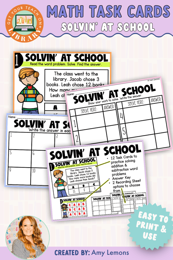 Back to School Math Task Cards: Solvin' at School for Word Problems – math resource by Amy Lemons and Get Your Teach On