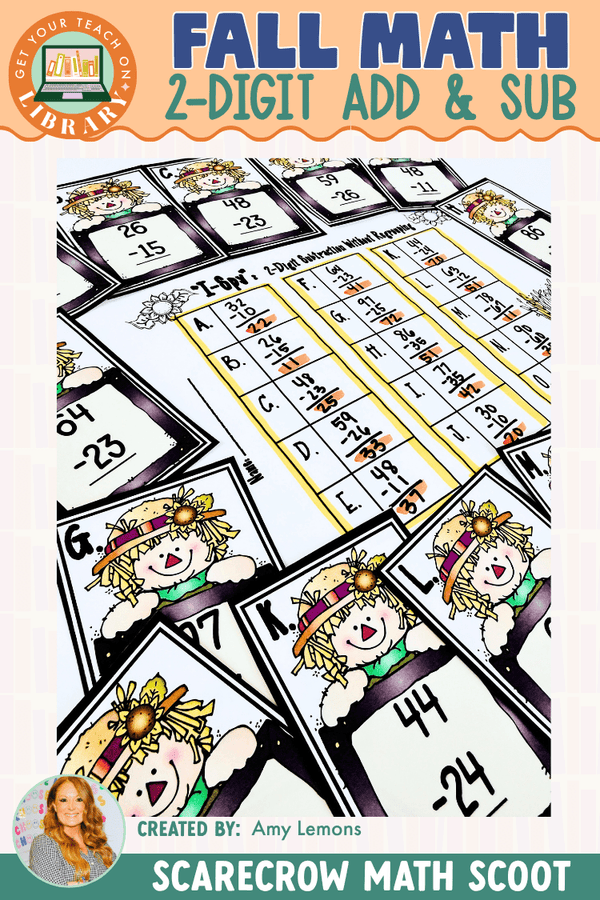 Fall Math: Scarecrow 2-Digit Addition & Subtraction Math Scoot – math resource by Amy Lemons and Get Your Teach On