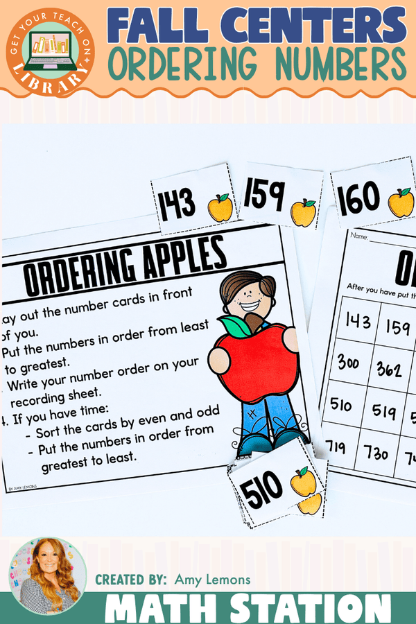 Fall Math Station: Ordering 3-Digit Numbers – printable math resource for grades 1–3 by Amy Lemons and Get Your Teach On