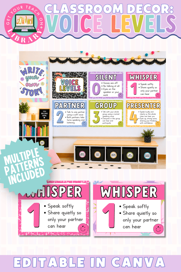 Bright Classroom Decor: Voice Level Posters – printable classroom resource by Get Your Teach On