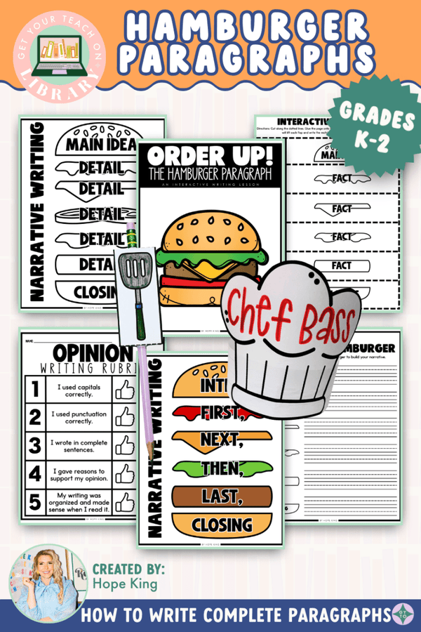 Hamburger Paragraph Writing Activities – printable writing resource for grades K–2 by Hope King and Get Your Teach On