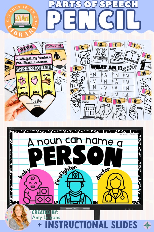 Parts of Speech Pencil & Slides: Nouns, Verbs, Adjectives – printable grammar resource by Amy Lemons and Get Your Teach On