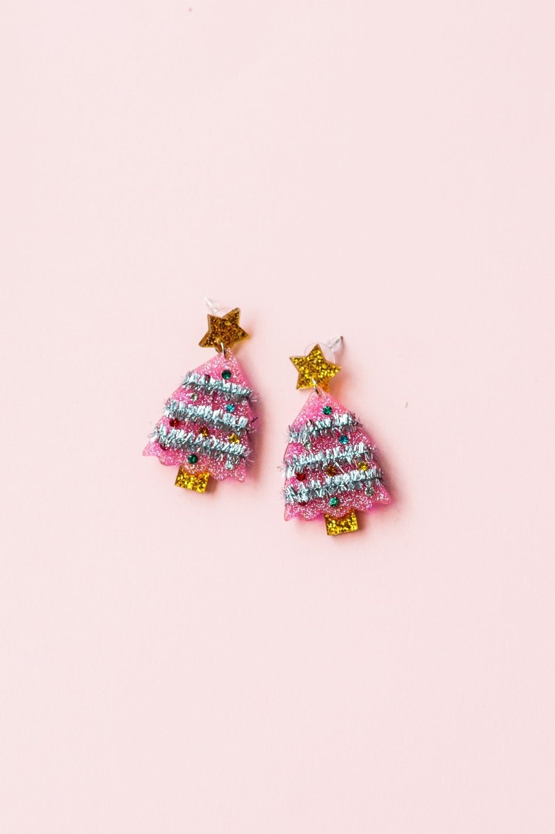 Pink Tinsel Christmas Tree Earrings - GYTO Collective - Get Your Teach On