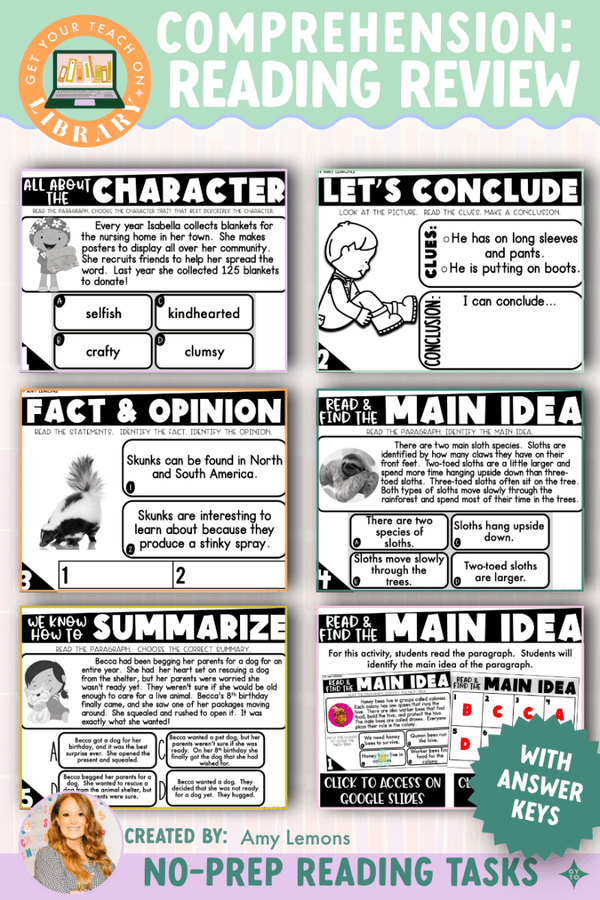 Reading Comprehension: Reading Review Centers or Task Cards – reading resource by Amy Lemons and Get Your Teach On