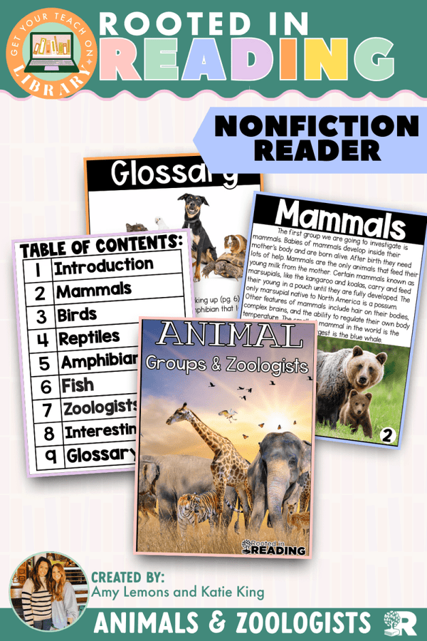 Rooted in Reading Nonfiction Reader: Animal Groups and Zoologists – printable reading classroom resource by Get Your Teach On