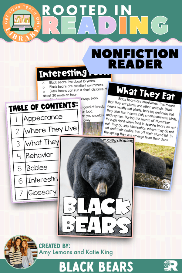 Rooted in Reading Nonfiction Reader: Black Bears – printable reading classroom resource by Get Your Teach On