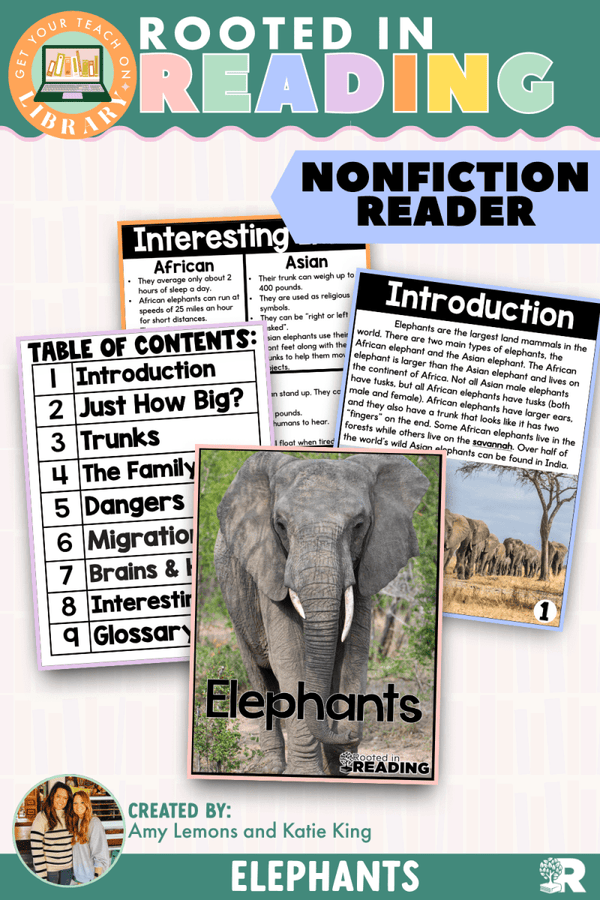 Rooted in Reading Nonfiction Reader: Elephants – printable reading classroom resource by Get Your Teach On