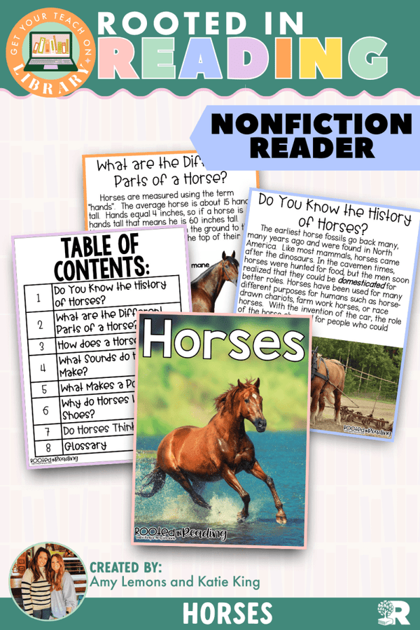 Rooted in Reading Nonfiction Reader: Horses – printable reading classroom resource by Get Your Teach On