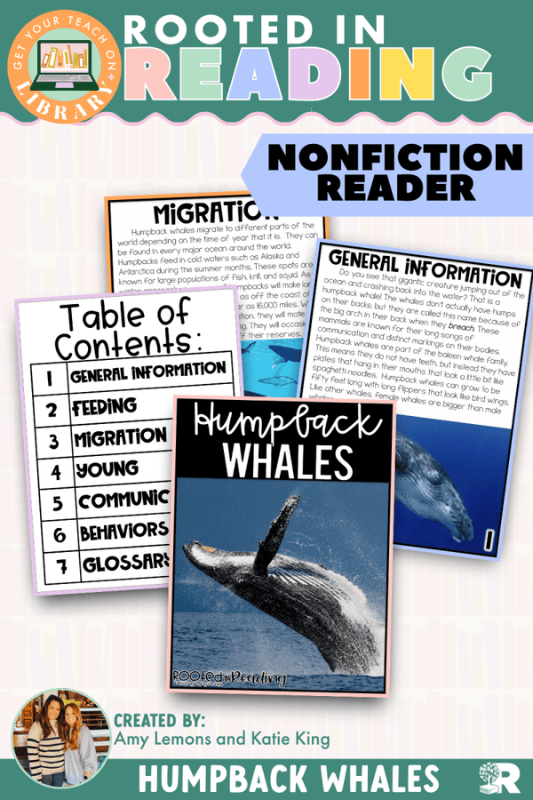 Rooted in Reading Nonfiction Reader: Humpback Whales – printable reading classroom resource by Get Your Teach On